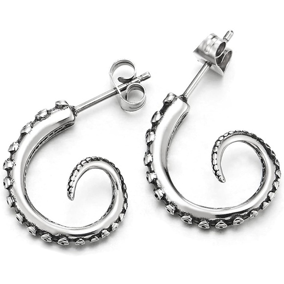 Vintage Style Earrings With Octopus Tentacle|Unisex Marine Animal Hoop Earrings - Picture 2 of 7